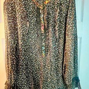 LOFT boho Blouse with White Dots and Floral Accents